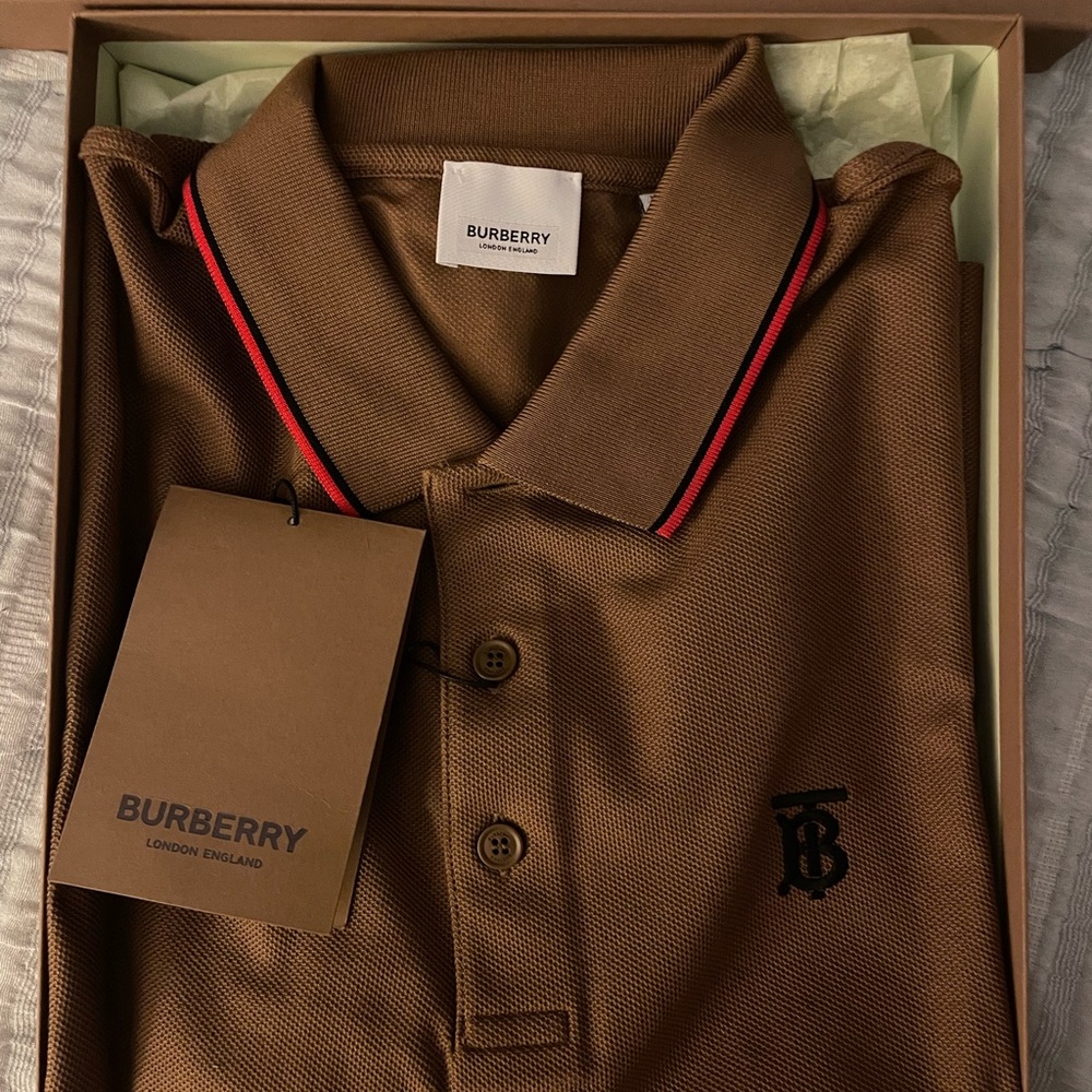 Burberry Men's Tan Polo Shirt with Red Accents